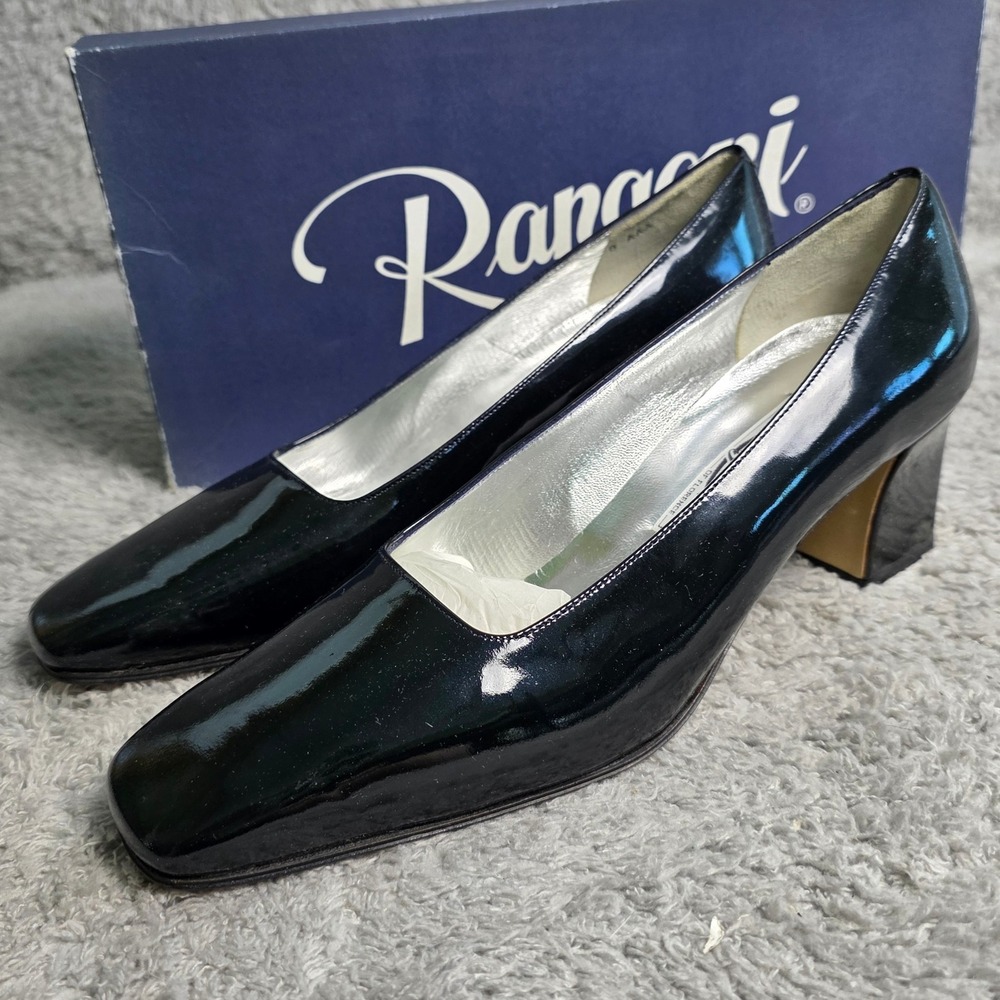 VTG Rangoni of Florence Navy‎ Patent Leather Block Heel Pumps Shoes 8 AAA NEW